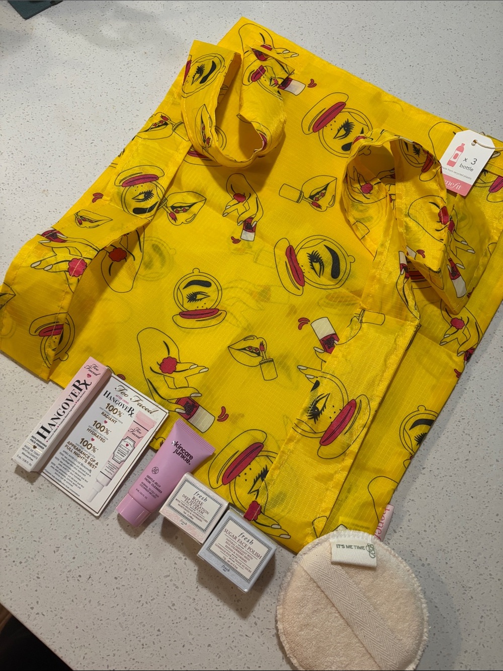 Benefit NWT Yellow Cosmetics Print Tote Bag and Samples